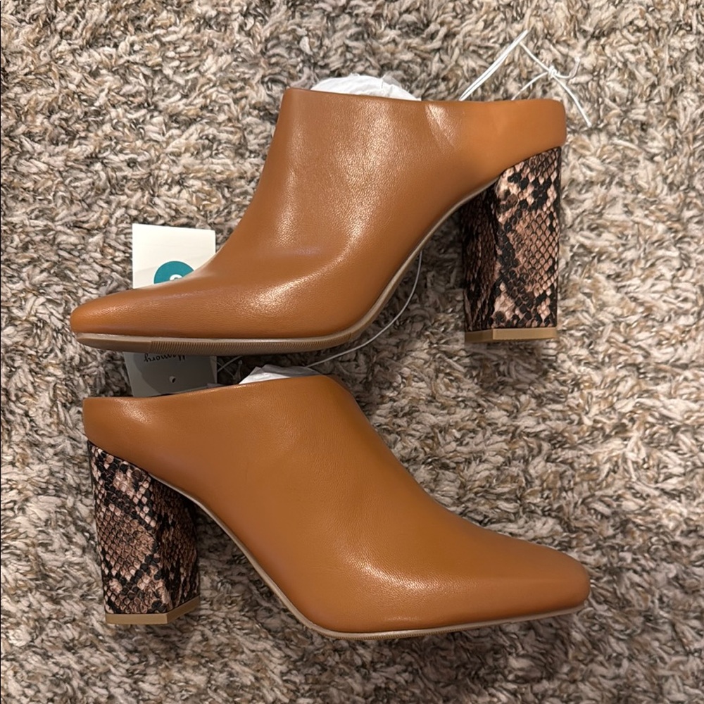 a new day Cognac Leather Mule Heels with Snakeskin Block Heel
